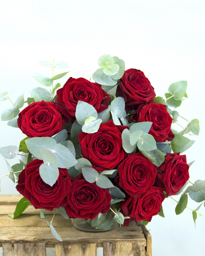 Cynthia Bouquets de 17 Roses Rouges 50 cms+ Eucalyptus - Jour de Roses